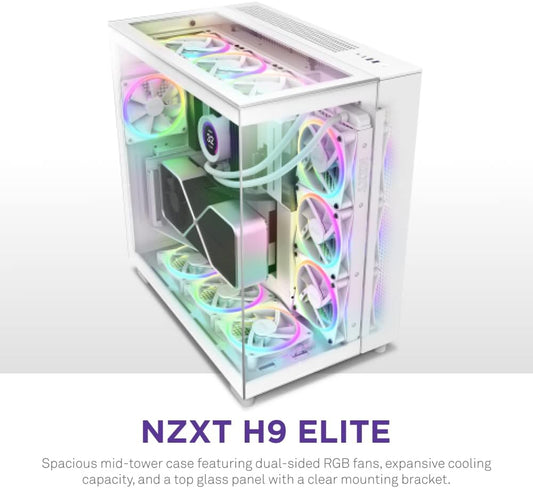 NZXT H9 Elite Dual-Chamber ATX Mid-Tower PC Gaming Case – Includes 3 x 120mm F120 RGB Duo Fans with Controller– Glass Front, Top & Side Panels 360mm Radiator Support Cable Management White