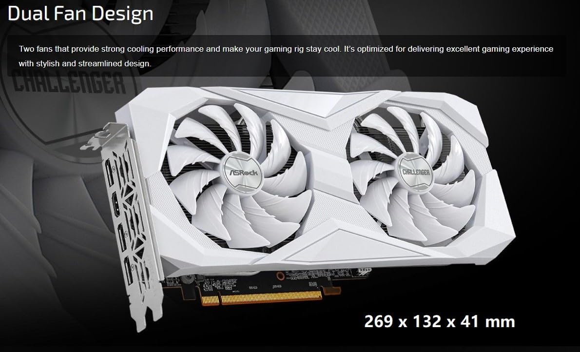 ASRock AMD Radeon RX 6600 Challenger White 8GB GDDR6 Graphics Card 0dB Silent Cooling 128-bit 7680 x 4320 DisplayPort HDMI 14 Gbps Dual Fan 7nm