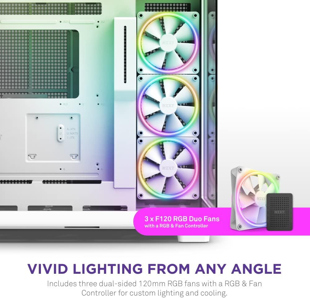 NZXT H9 Elite Dual-Chamber ATX Mid-Tower PC Gaming Case – Includes 3 x 120mm F120 RGB Duo Fans with Controller– Glass Front, Top & Side Panels 360mm Radiator Support Cable Management White