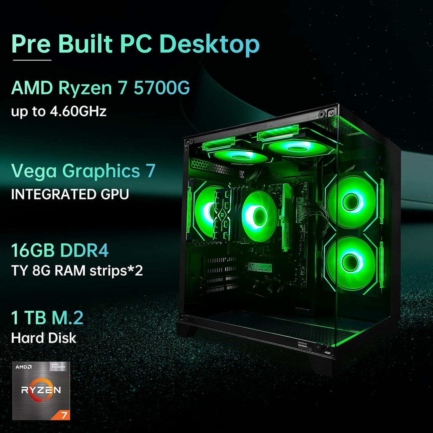 Computer Desktop PC AMD Ryzen 7 5700G Up to 4.6GHz Prebuilt PC 16G RAM DDR4 1TB M.2 SSD ARGB Fan Computer Tower